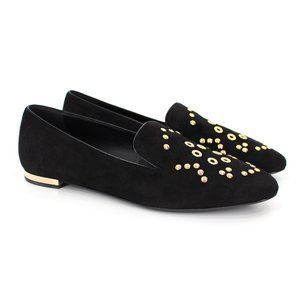 Burberry Black Suede Runway Link Loafer Mormont Gold Eyelets Slip On Flat 37 NEW